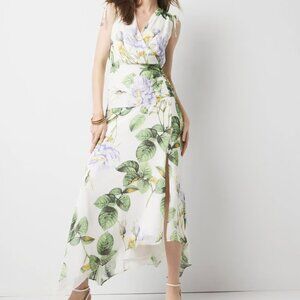 White House Black Market White Floral Midi Dress with Green Leaf Print